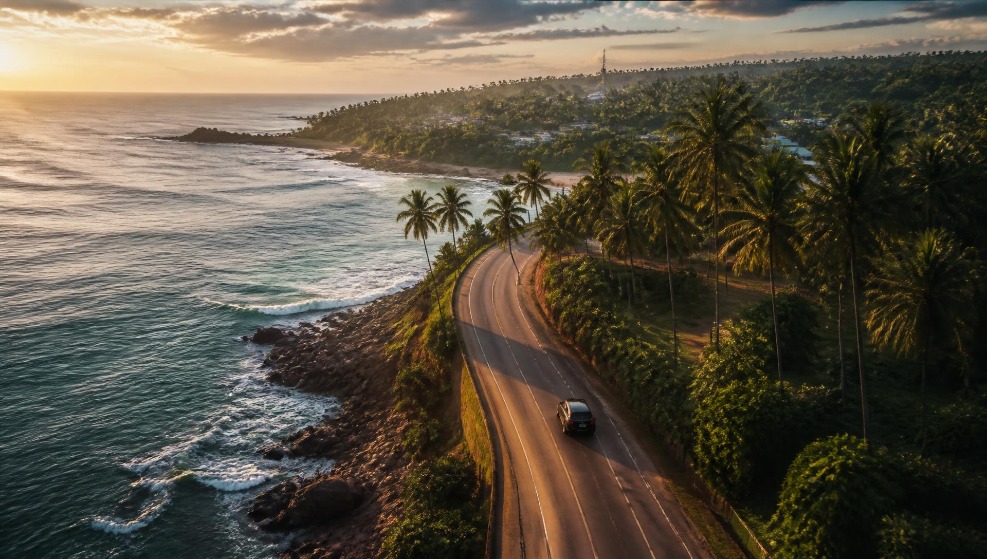 Aerial view of a coastal road at sunset in Ghana